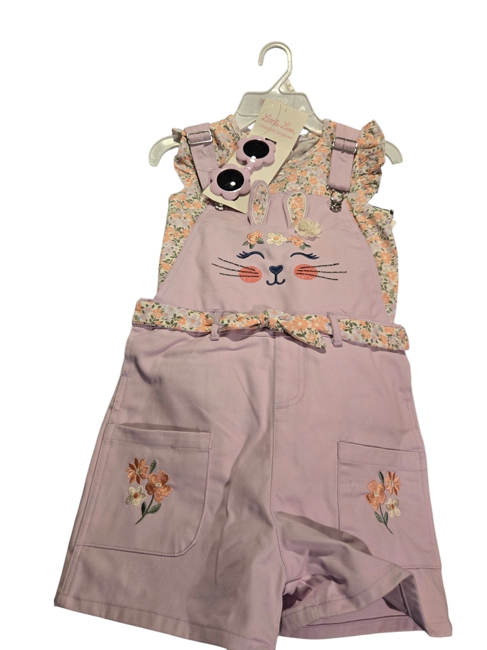 Lilac Bunny Embroidered Short Overalls Set